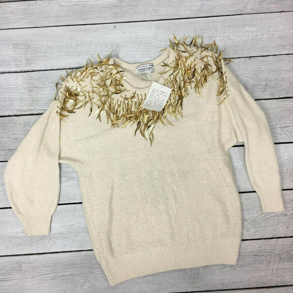 Vtg NWT Maurada XL Gold Fringe Knit Sweater Silk